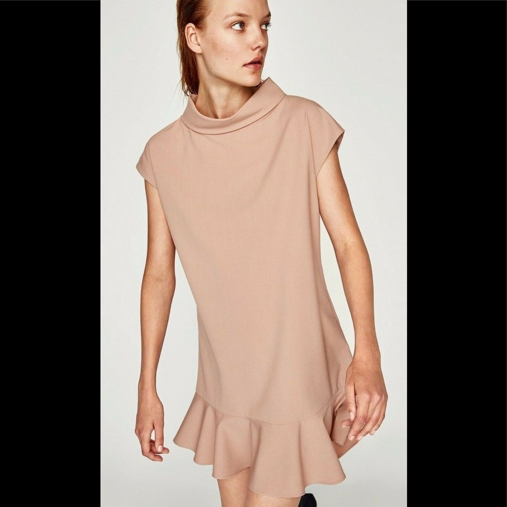 🤍 ZARA Nude Straight Cut Dress with Frill 7901/223